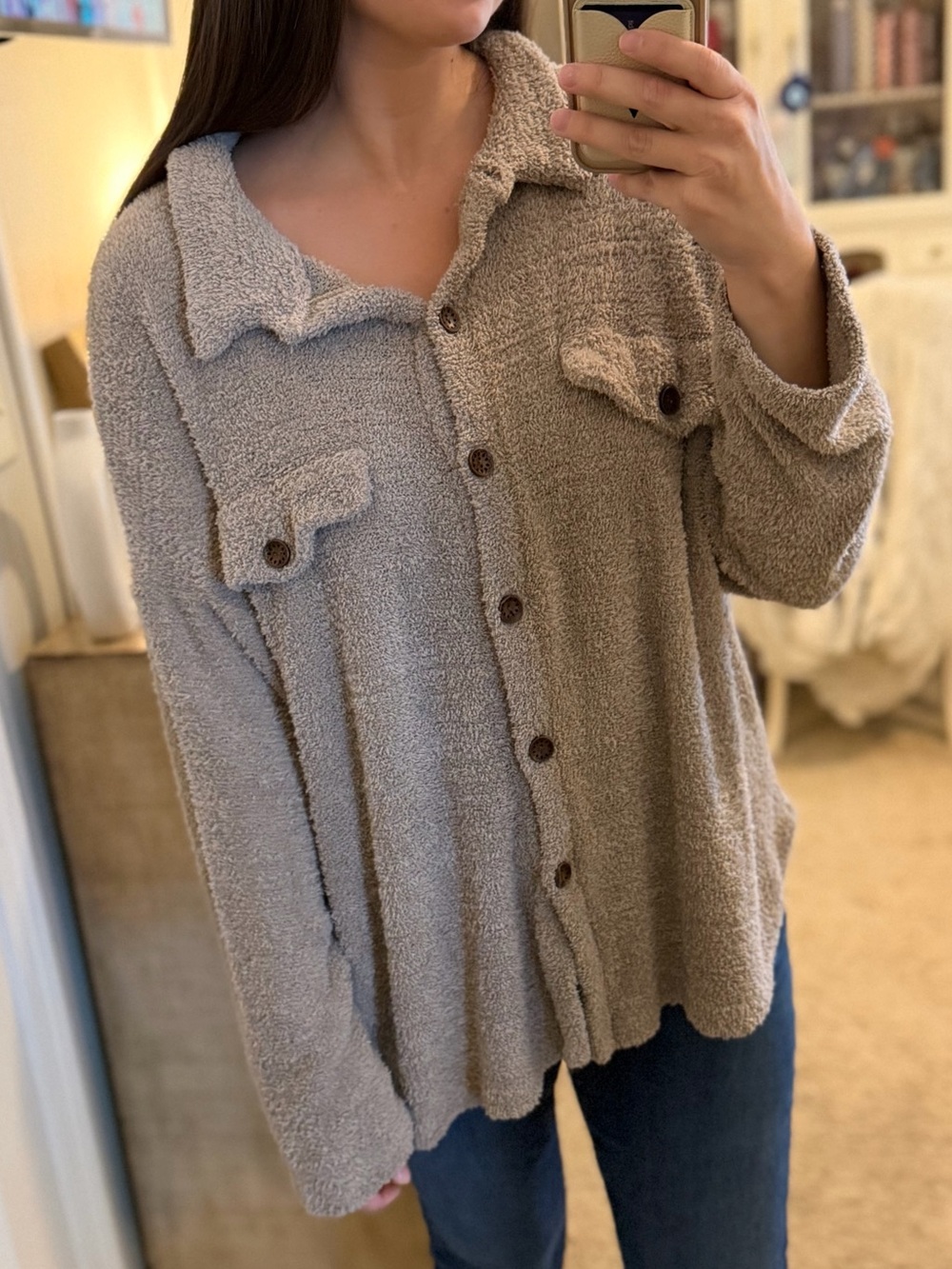 TALULAH Taupe Sherpa Button-Down Shirt Jacket